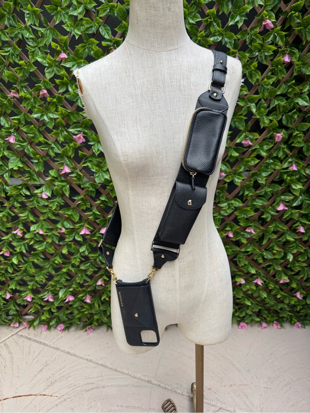 Bandolier Black Crossbody Phone Strap with Pockets and Gold Hardware